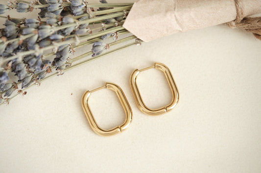 Gold Square Hoop Earring, Gold PVD Coating Earring, Tarnish Resist Earring, Rectangle Hoops, Gold Hoop Earrings, Gold Earring Gift