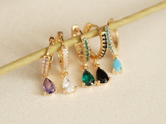 Dainty Gold Hoop Earrings, Silver Post Hoops, Tear drop CZ Charm Hoops, Tiny Huggie Hoops, CZ Drop Earrings, Emerald Hoops, Minimalist Hoops