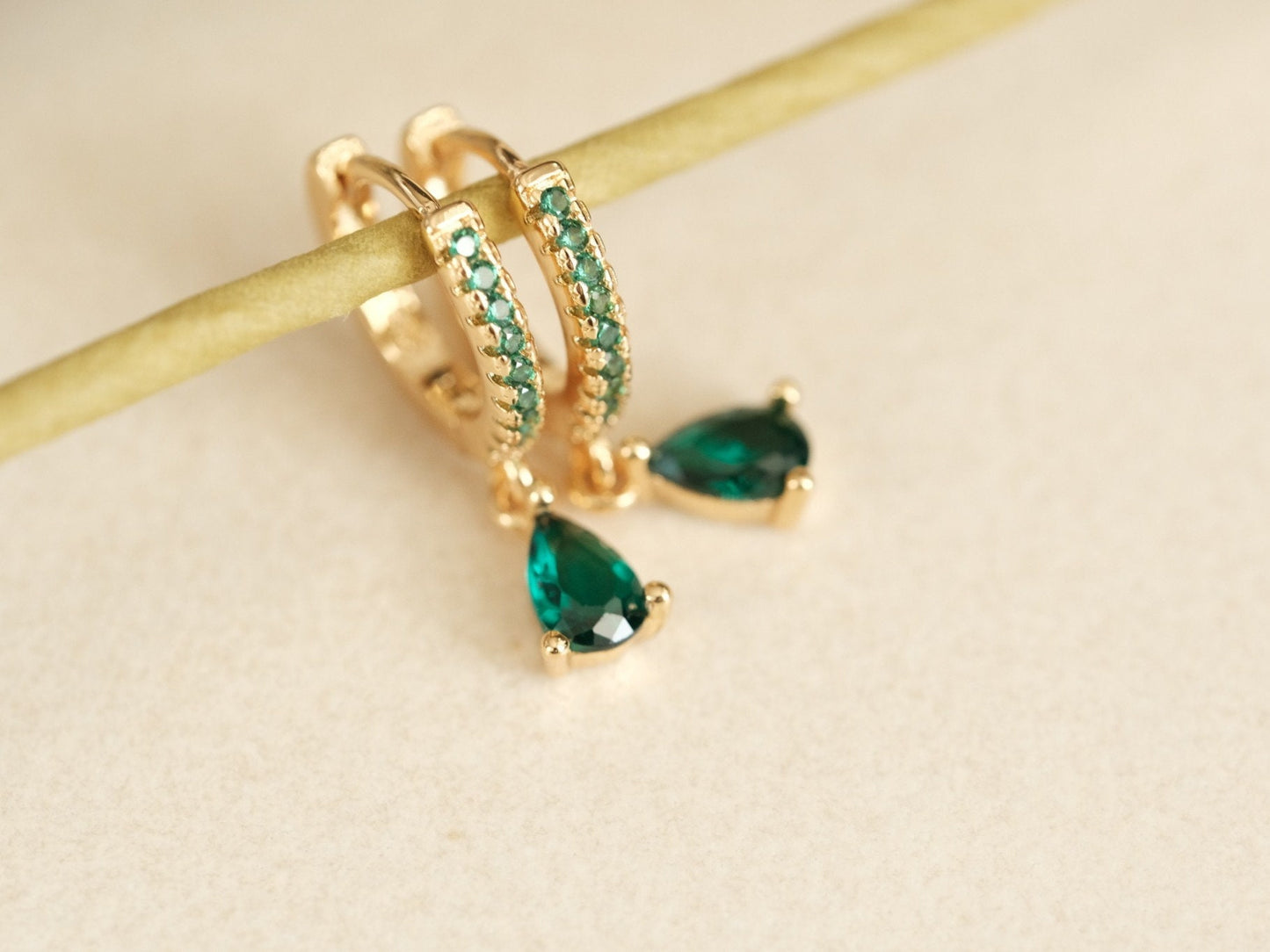 Dainty Gold Hoop Earrings, Silver Post Hoops, Tear drop CZ Charm Hoops, Tiny Huggie Hoops, CZ Drop Earrings, Emerald Hoops, Minimalist Hoops
