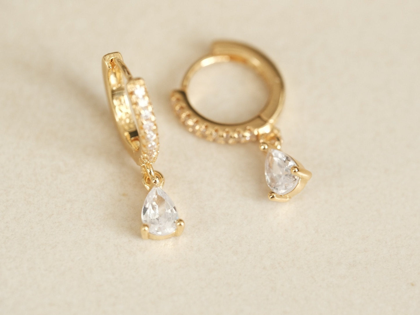Dainty Gold Hoop Earrings, Silver Post Hoops, Tear drop CZ Charm Hoops, Tiny Huggie Hoops, CZ Drop Earrings, Emerald Hoops, Minimalist Hoops