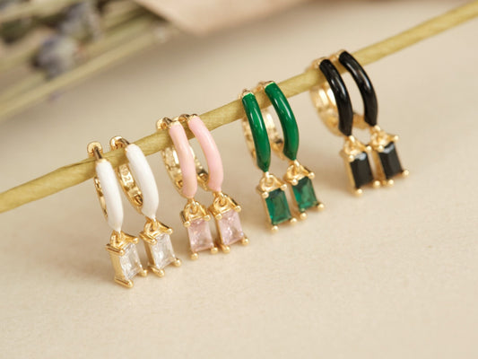 Gold Hoop Earrings, Silver Post Hoops, Baguette CZ Hoops, Emerald Earring, Enamel Earring, Dainty Earring, Dangling Earring, Gold Hoops