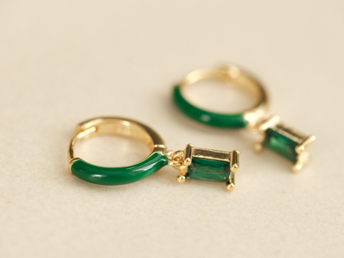 Gold Hoop Earrings, Silver Post Hoops, Baguette CZ Hoops, Emerald Earring, Enamel Earring, Dainty Earring, Dangling Earring, Gold Hoops