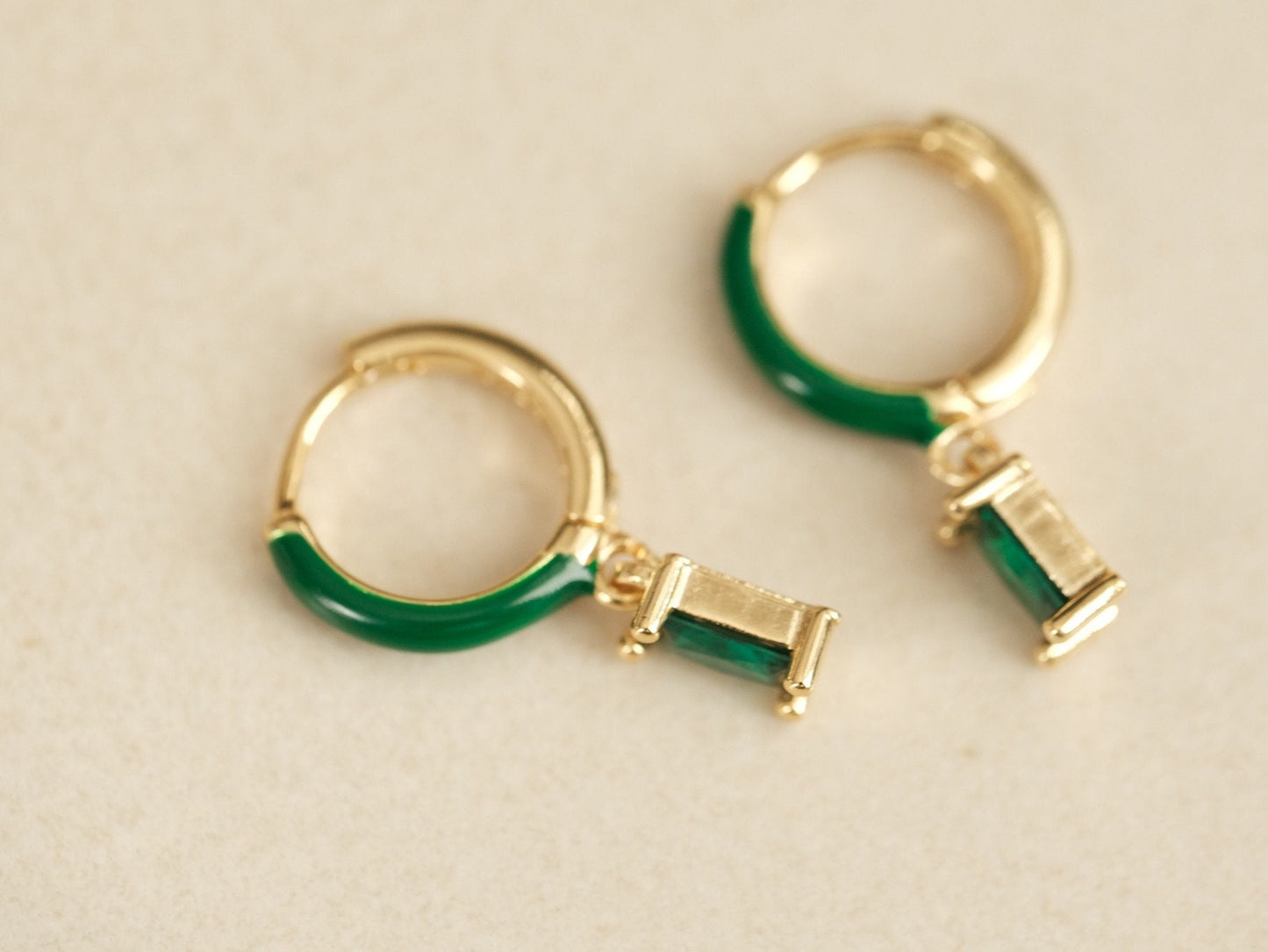 Gold Hoop Earrings, Silver Post Hoops, Baguette CZ Hoops, Emerald Earring, Enamel Earring, Dainty Earring, Dangling Earring, Gold Hoops