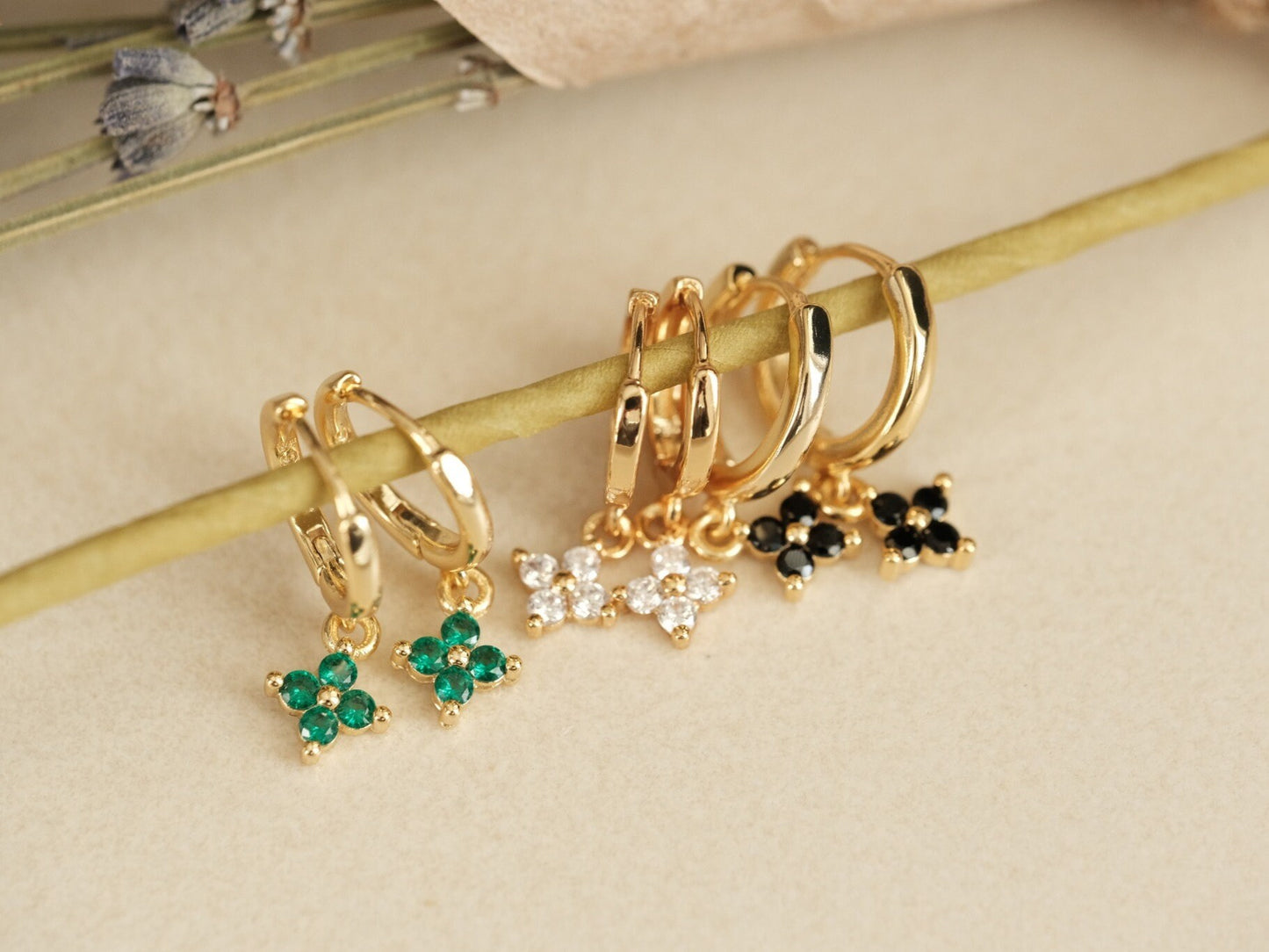 Gold Clover Earrings, Gemstone Clover Flower Earring, Four leaves clover Earrings, Gold Earrings, WATERPROOF Earrings, Tarnish Free Earrings