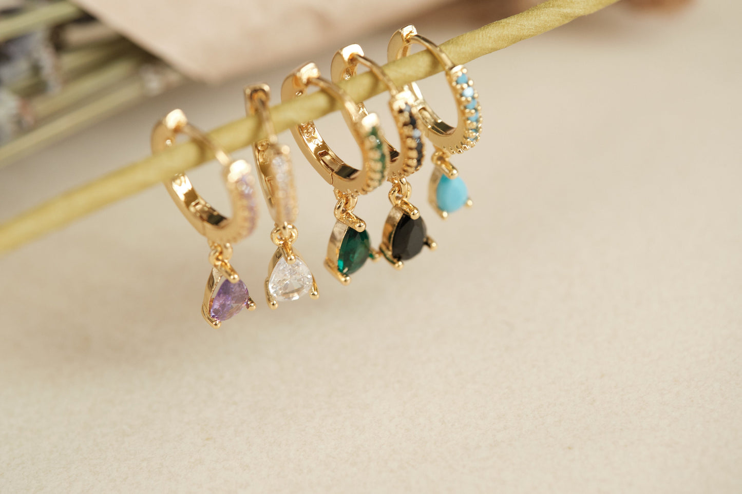 Dainty Gold Hoop Earrings, Silver Post Hoops, Tear drop CZ Charm Hoops, Tiny Huggie Hoops, CZ Drop Earrings, Emerald Hoops, Minimalist Hoops