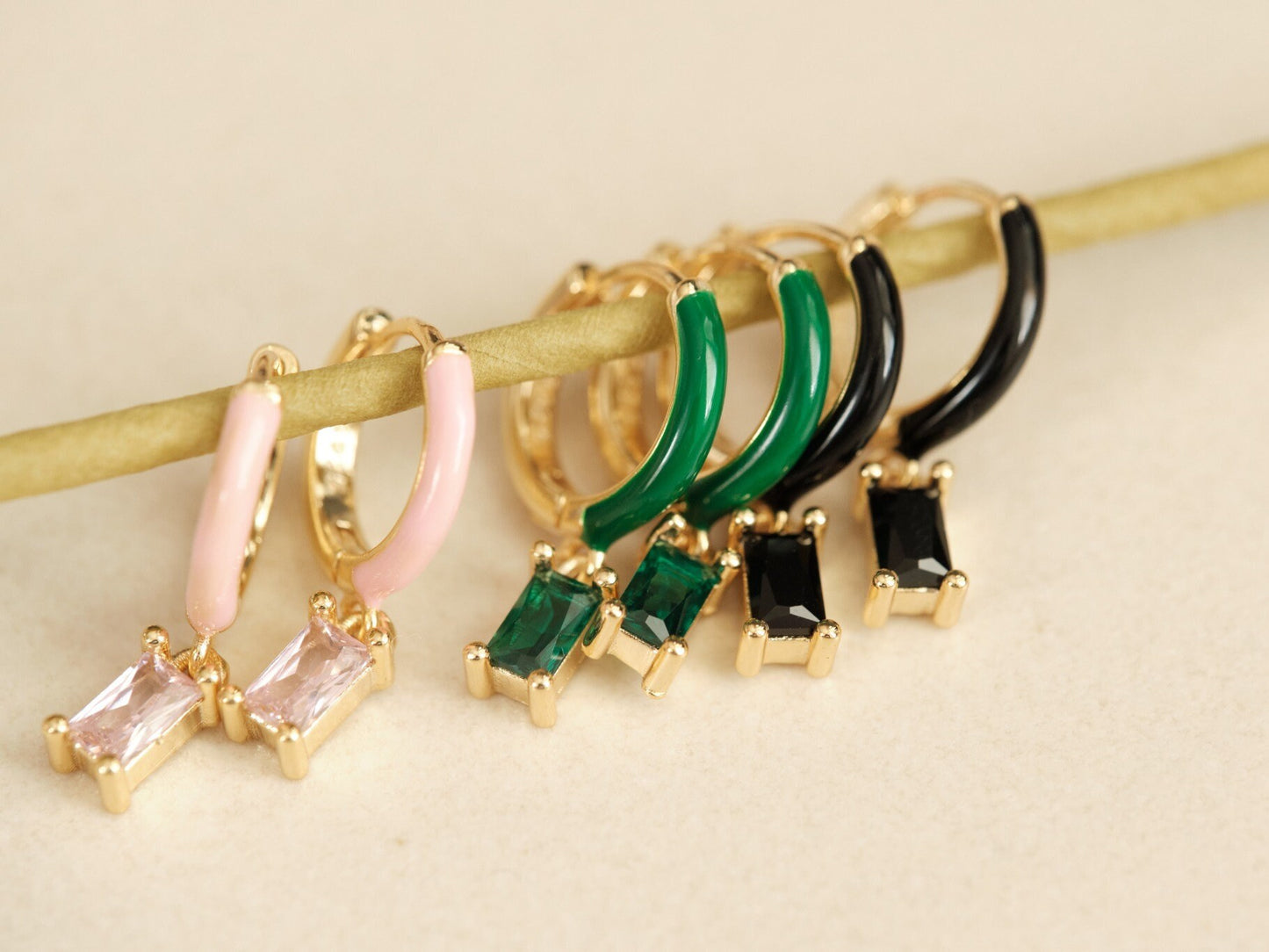 Gold Hoop Earrings, Silver Post Hoops, Baguette CZ Hoops, Emerald Earring, Enamel Earring, Dainty Earring, Dangling Earring, Gold Hoops