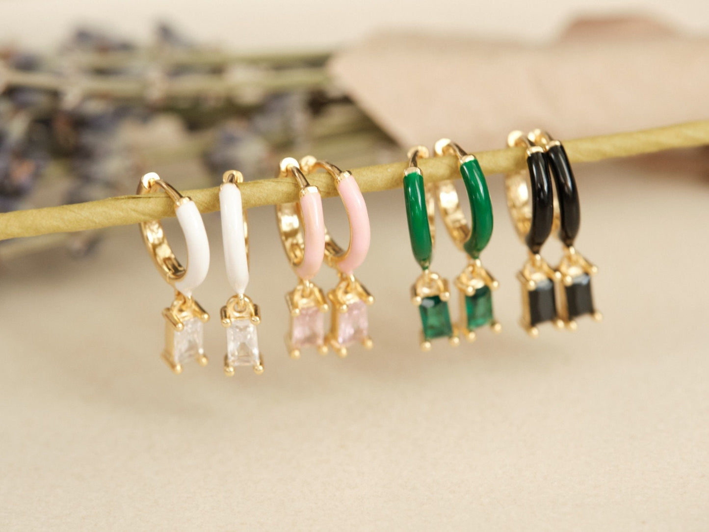 Gold Hoop Earrings, Silver Post Hoops, Baguette CZ Hoops, Emerald Earring, Enamel Earring, Dainty Earring, Dangling Earring, Gold Hoops