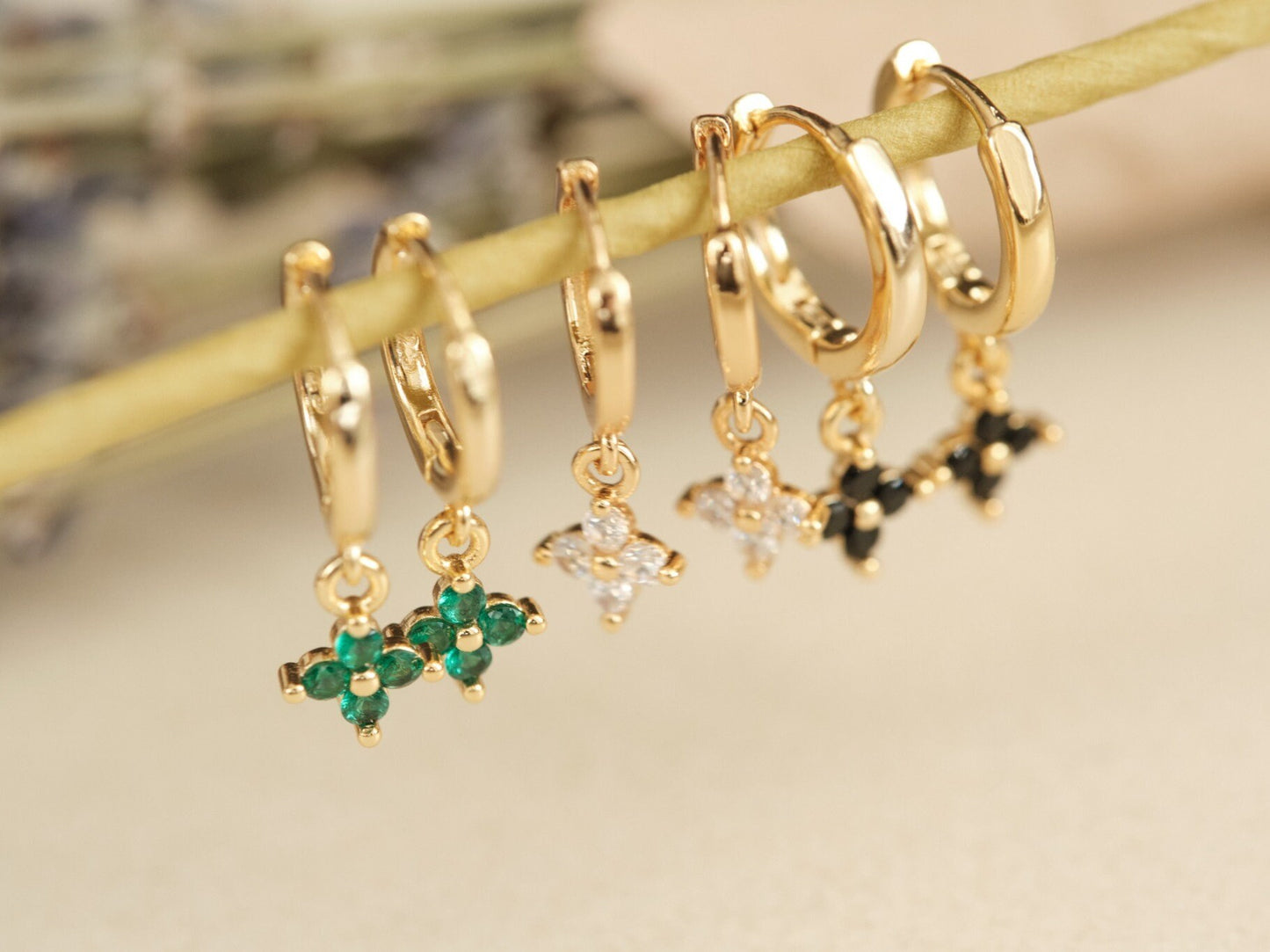 Gold Clover Earrings, Gemstone Clover Flower Earring, Four leaves clover Earrings, Gold Earrings, WATERPROOF Earrings, Tarnish Free Earrings