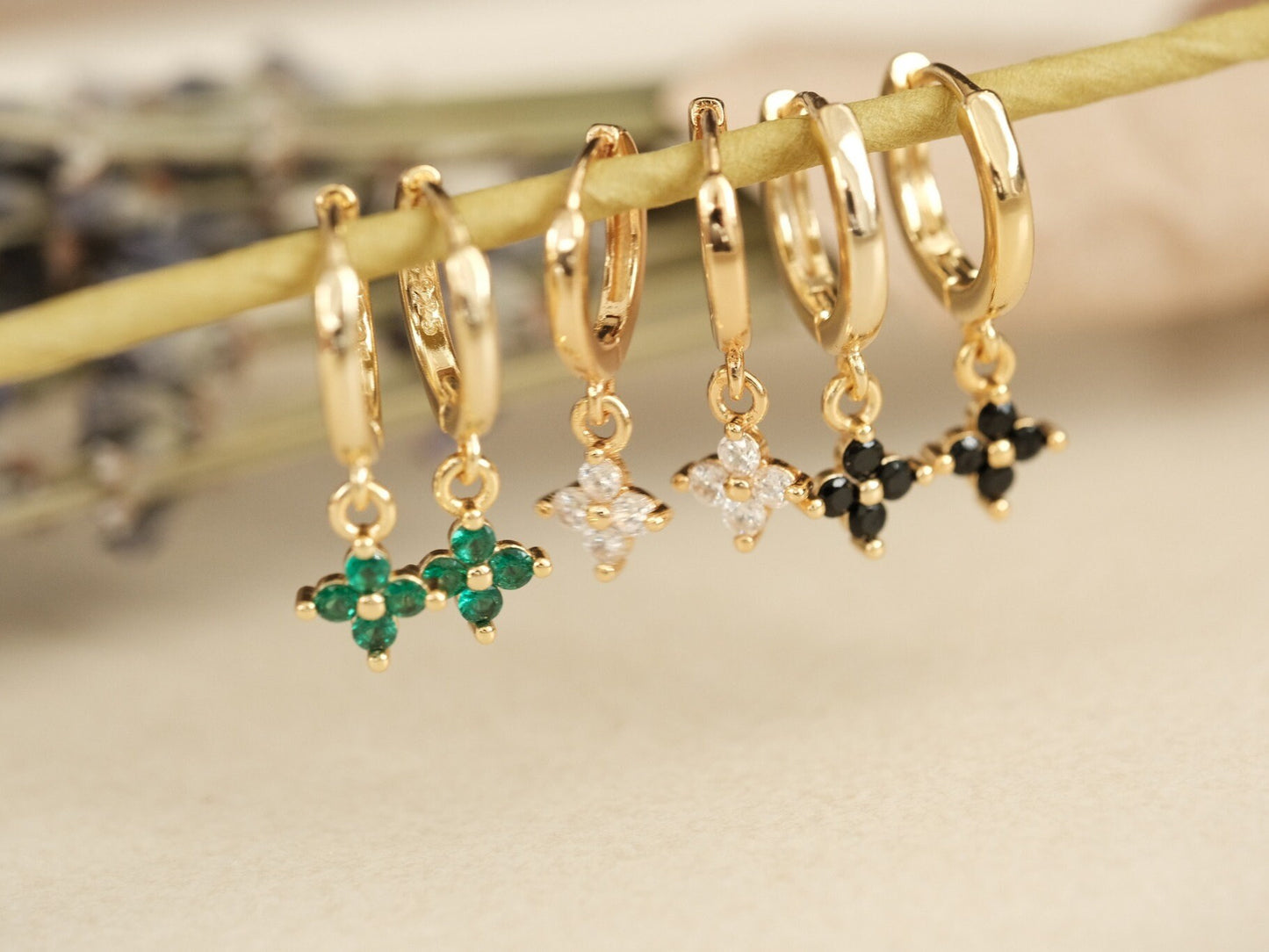 Gold Clover Earrings, Gemstone Clover Flower Earring, Four leaves clover Earrings, Gold Earrings, WATERPROOF Earrings, Tarnish Free Earrings