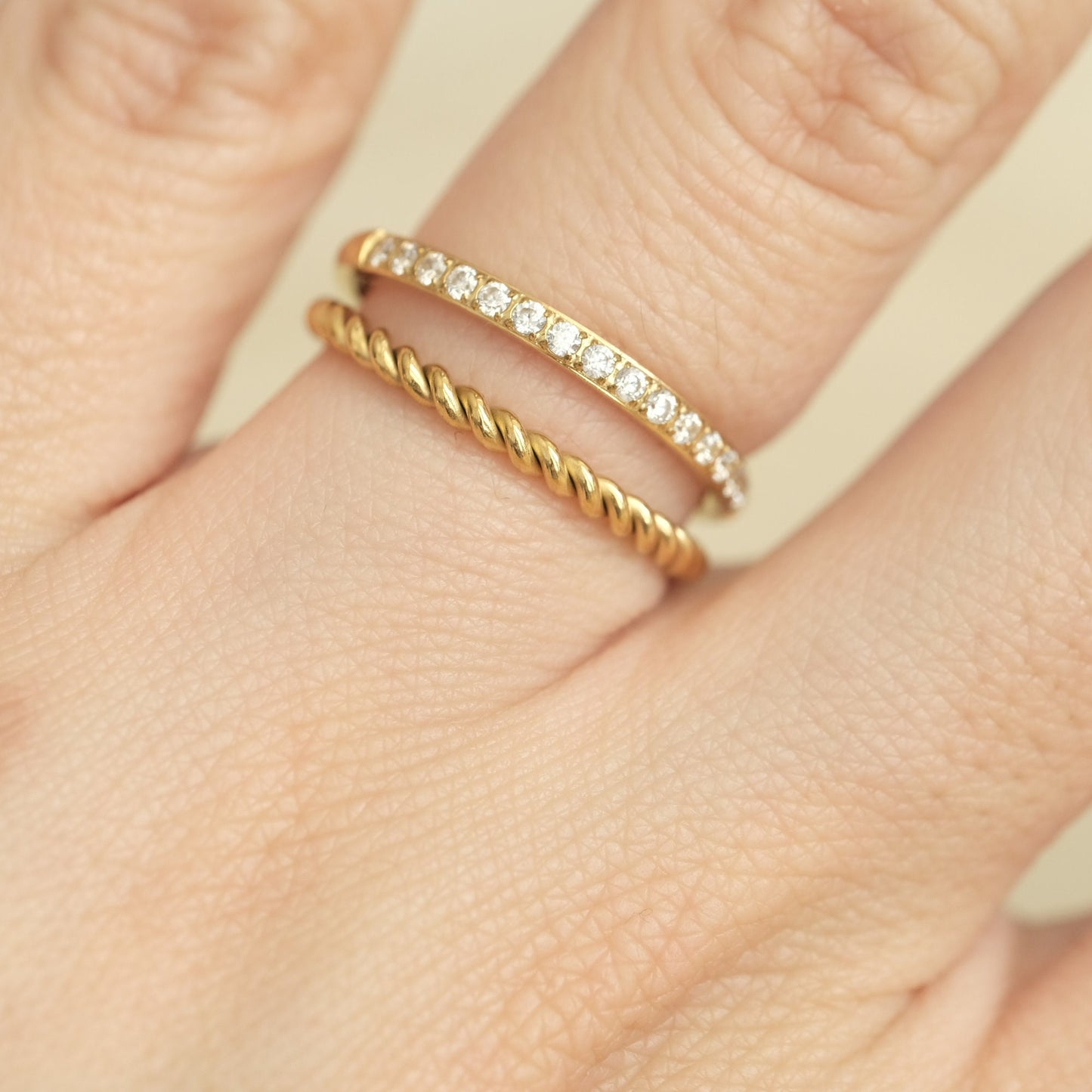 18K Gold Twisted Ring, double band ring, Croissant Ring Stackable Ring Gold Thick Band Ring Rope Ring Signet Ring for Women Gold cz Ring
