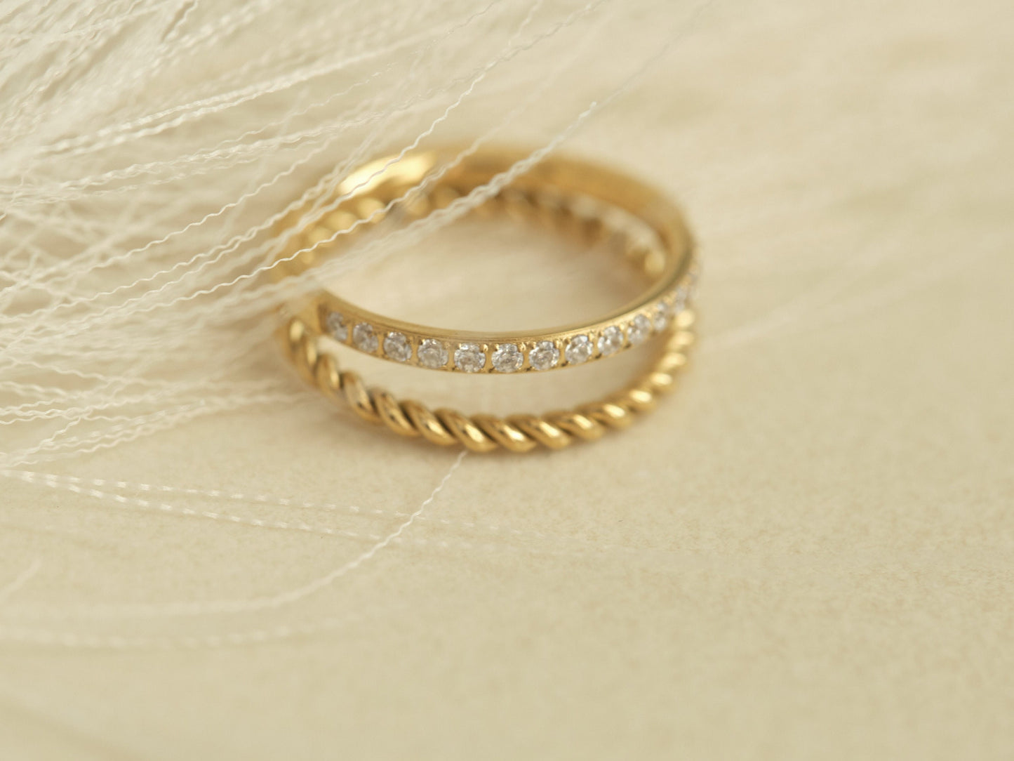 18K Gold Twisted Ring, double band ring, Croissant Ring Stackable Ring Gold Thick Band Ring Rope Ring Signet Ring for Women Gold cz Ring