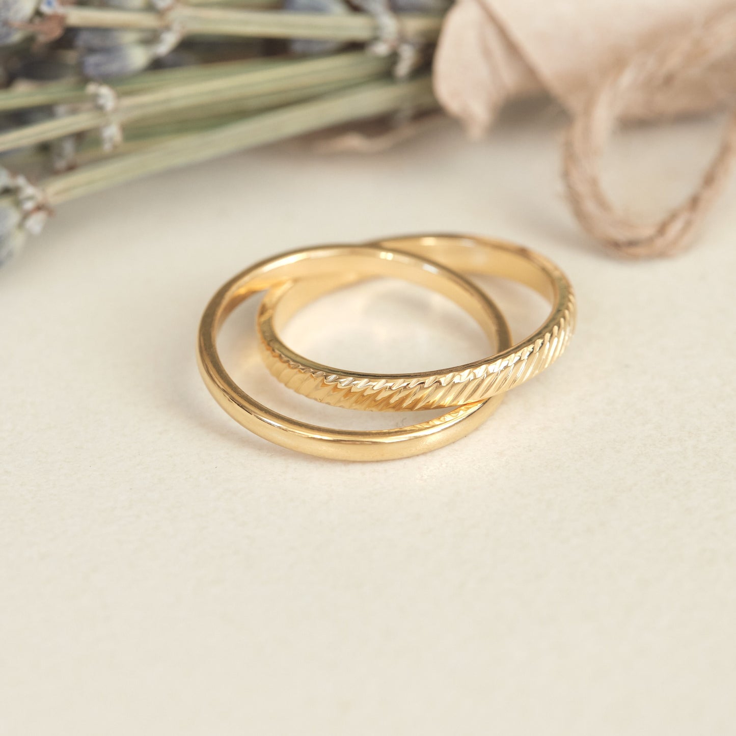 18K Gold Double Rings, Connected Rings, Duo Ring Set, Gold Ring, Band Ring, Dainty Ring, Twist Ring, Thin Ring, Waterproof Ring, Gold Band