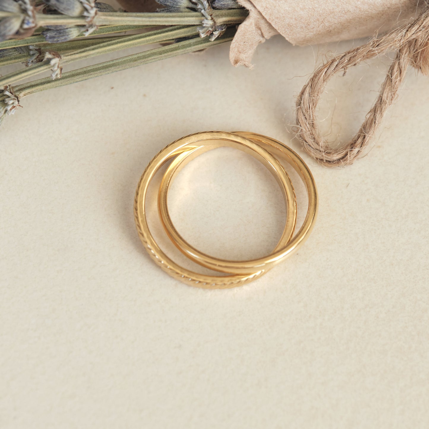 18K Gold Double Rings, Connected Rings, Duo Ring Set, Gold Ring, Band Ring, Dainty Ring, Twist Ring, Thin Ring, Waterproof Ring, Gold Band
