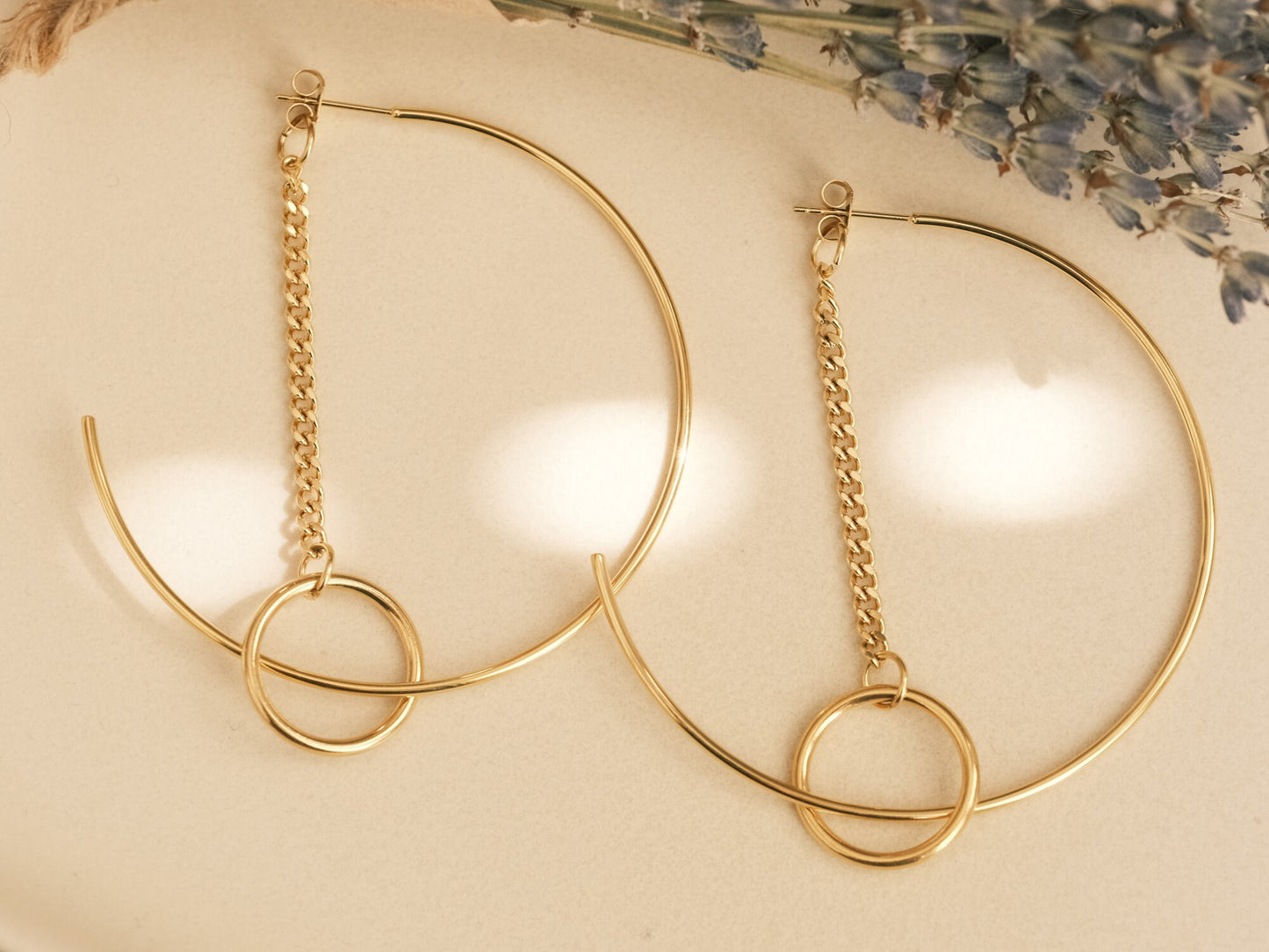 Big hoop earrings, Hoop Chain earrings, Gold bar hoop earrings, gift for her, large hoop earrings Dainty Hoops, Minimalist Hoops Geometry