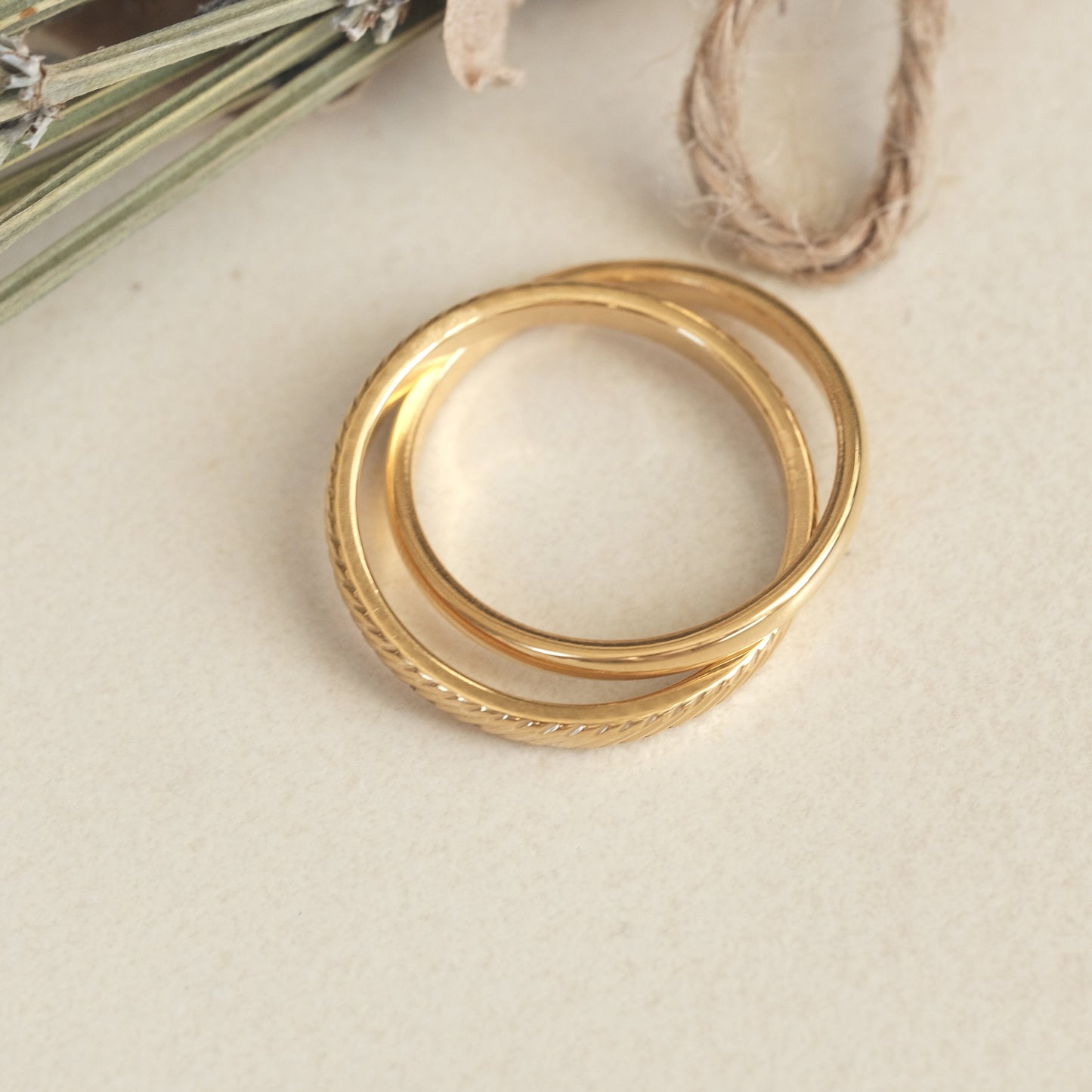 18K Gold Double Rings, Connected Rings, Duo Ring Set, Gold Ring, Band Ring, Dainty Ring, Twist Ring, Thin Ring, Waterproof Ring, Gold Band