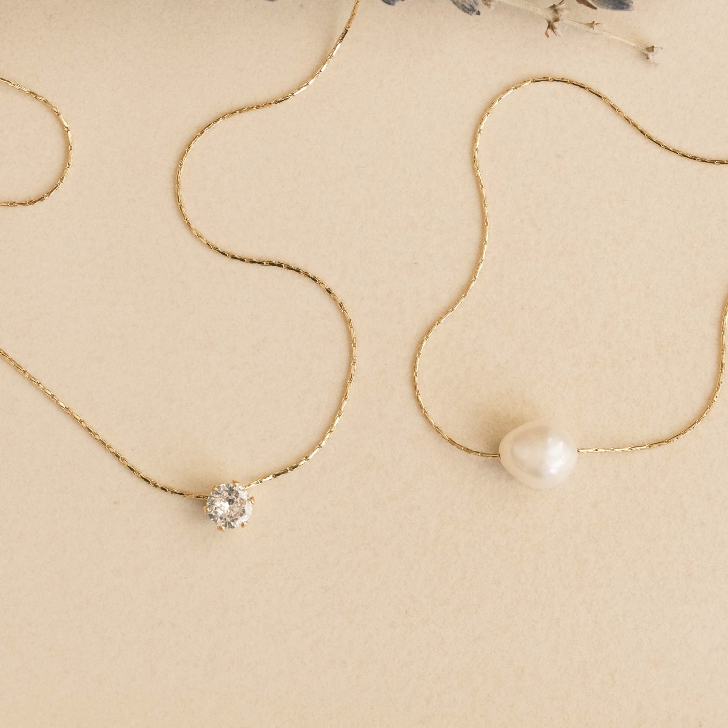 Single Baroque Freshwater Pearl Necklace, Extra Thin Snake Chain, Floating Diamond Crystal Necklace, 18K Gold PVD Necklace, Dainty Necklace