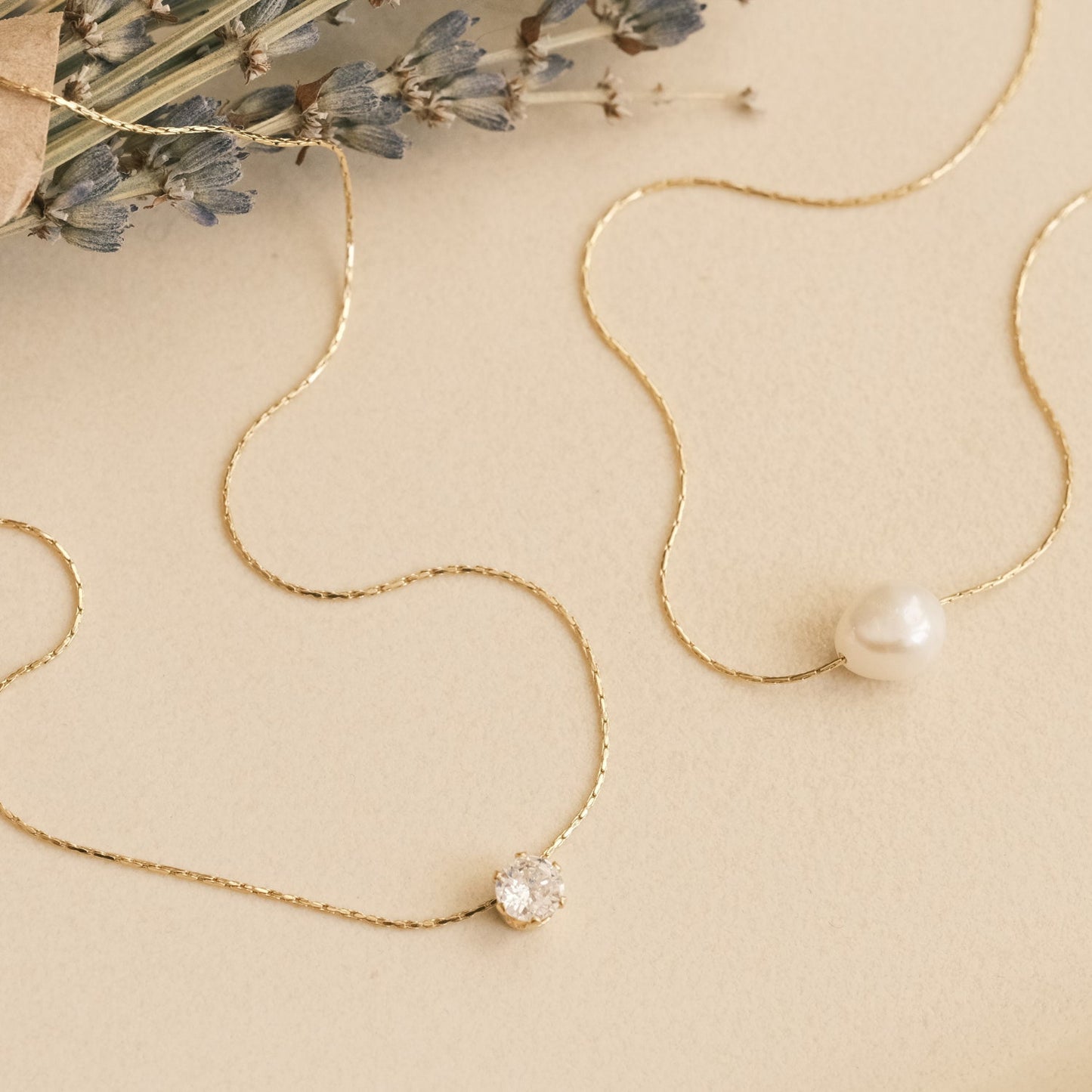 Single Baroque Freshwater Pearl Necklace, Extra Thin Snake Chain, Floating Diamond Crystal Necklace, 18K Gold PVD Necklace, Dainty Necklace