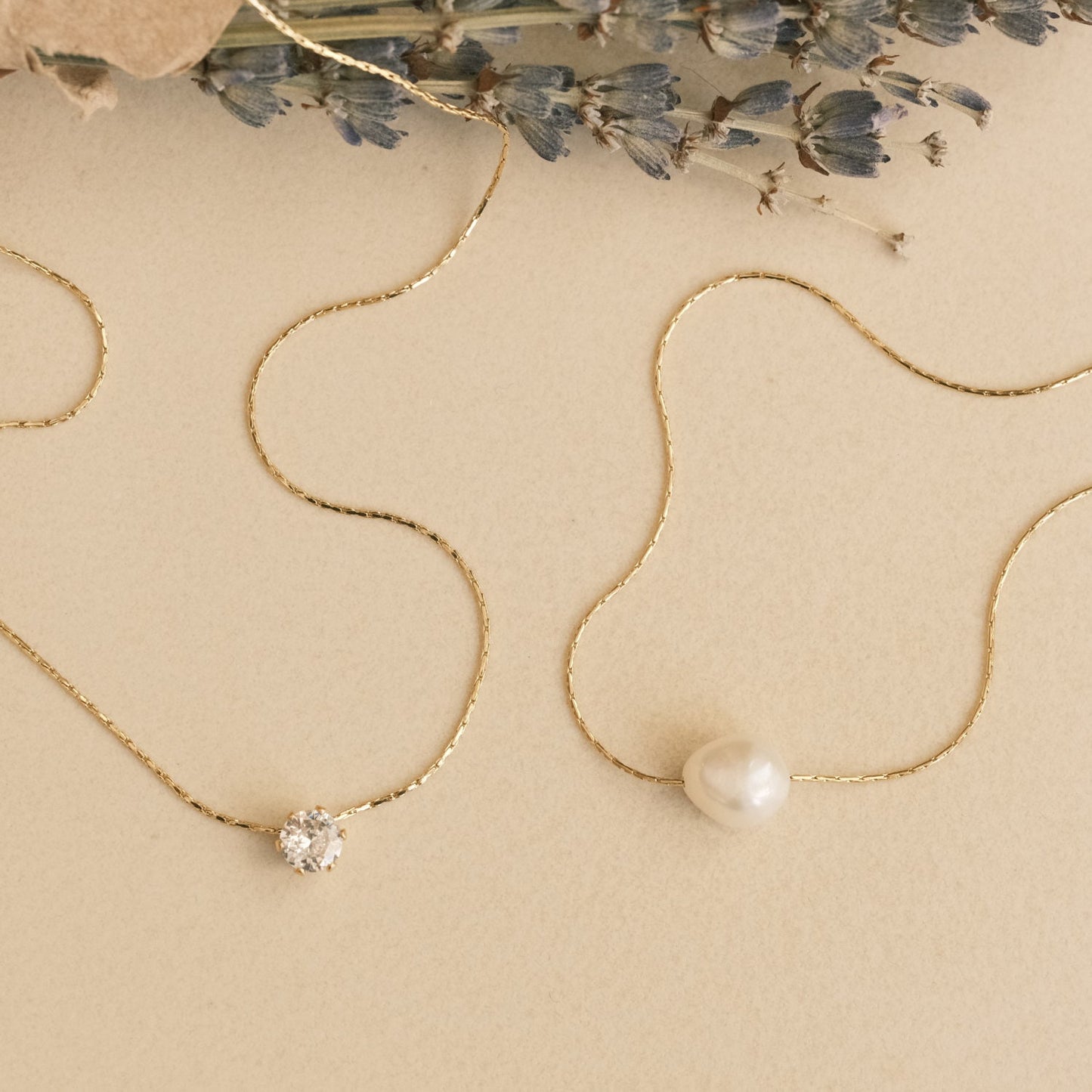 Single Baroque Freshwater Pearl Necklace, Extra Thin Snake Chain, Floating Diamond Crystal Necklace, 18K Gold PVD Necklace, Dainty Necklace