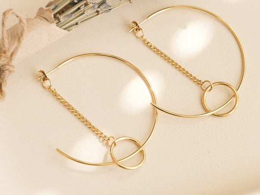 Big hoop earrings, Hoop Chain earrings, Gold bar hoop earrings, gift for her, large hoop earrings Dainty Hoops, Minimalist Hoops Geometry