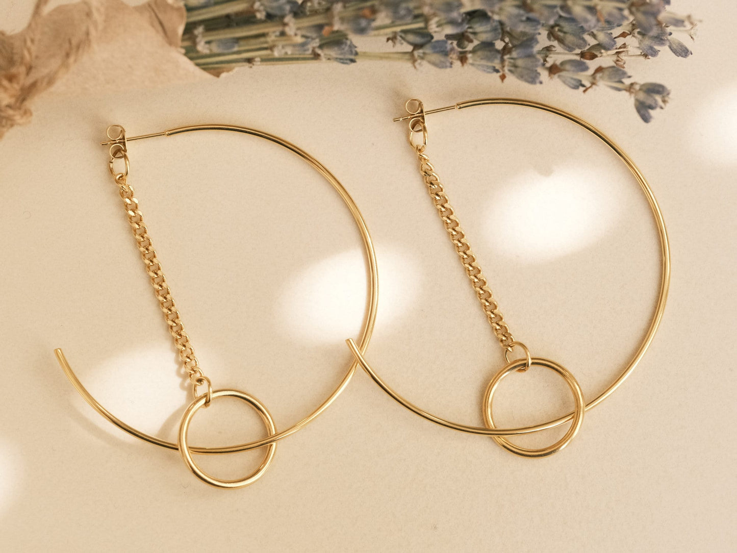 Big hoop earrings, Hoop Chain earrings, Gold bar hoop earrings, gift for her, large hoop earrings Dainty Hoops, Minimalist Hoops Geometry