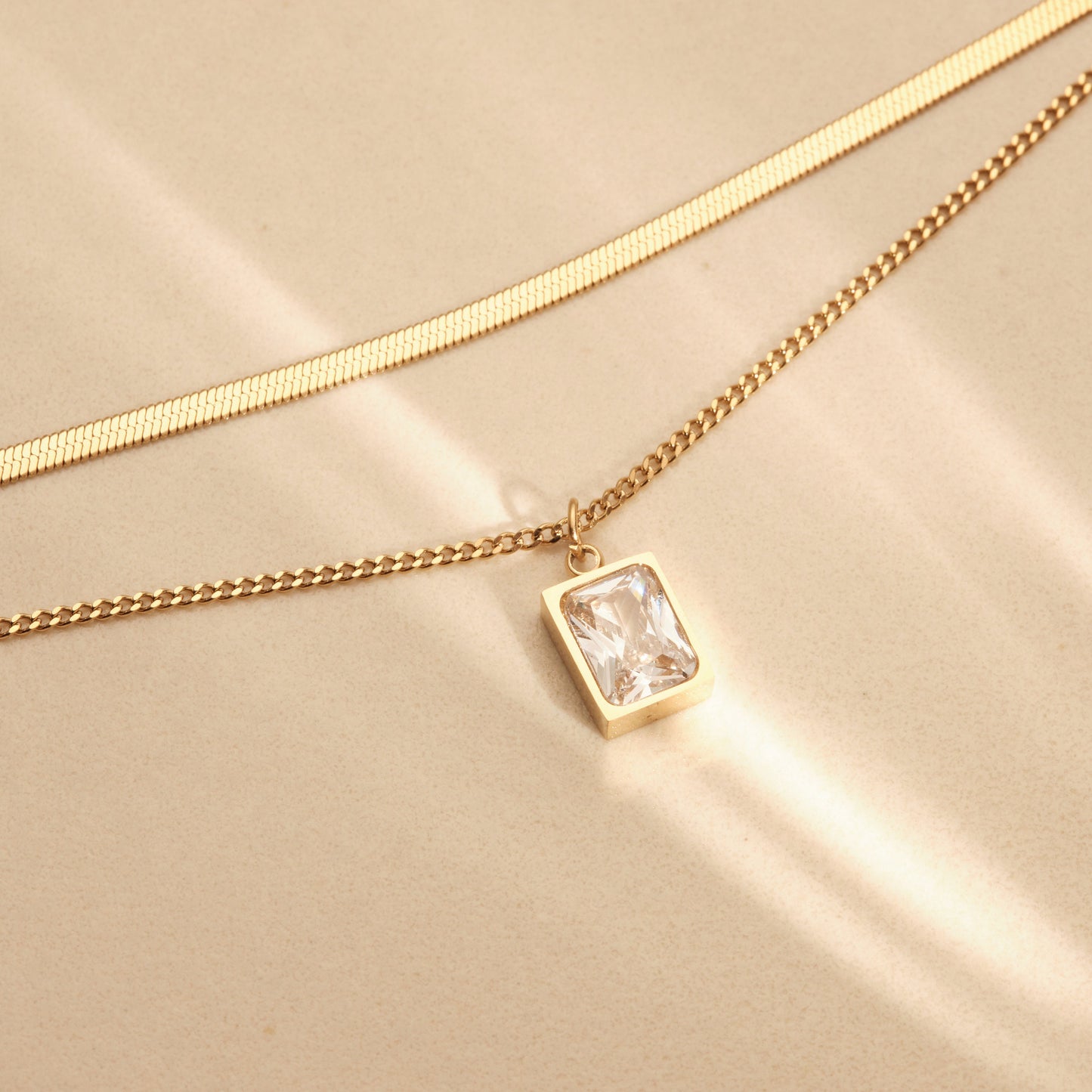 Gold Herringbone Layered Necklace, Square Gemstone Zirconia Necklace, WATERPROOF, Snake Chain Necklace, Double Layer Necklace, CZ Pendant