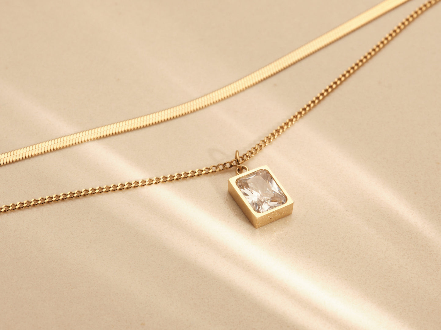 Gold Herringbone Layered Necklace, Square Gemstone Zirconia Necklace, WATERPROOF, Snake Chain Necklace, Double Layer Necklace, CZ Pendant
