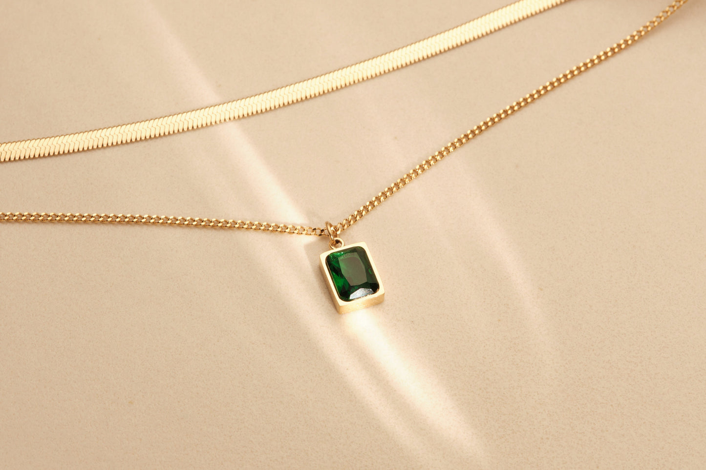 Gold Herringbone Layered Necklace, Square Gemstone Zirconia Necklace, WATERPROOF, Snake Chain Necklace, Double Layer Necklace, CZ Pendant