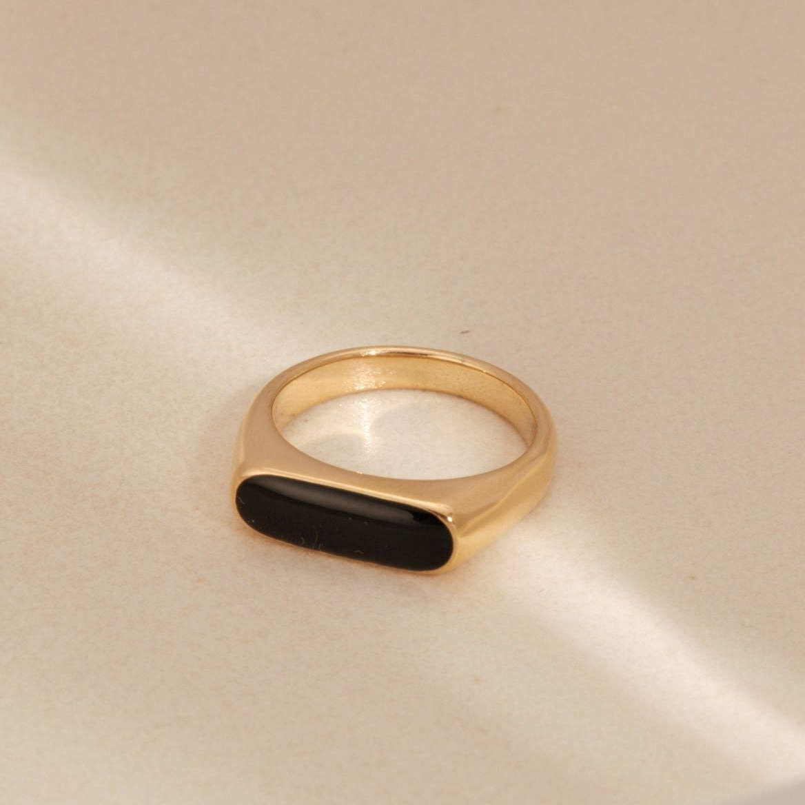Gold rectangle Black Enamel Rings Geometric Ring Vintage Stainless Steel Jewelry Gold Ring Minimalist Ring Gold ring Non tarnish ring