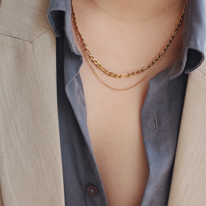 Double Chains Necklace Gold Figaro Chain Necklace, Layered Necklace, Gold Layered Chain, Double Figaro/Cable Chain Necklace, WATERPROOF