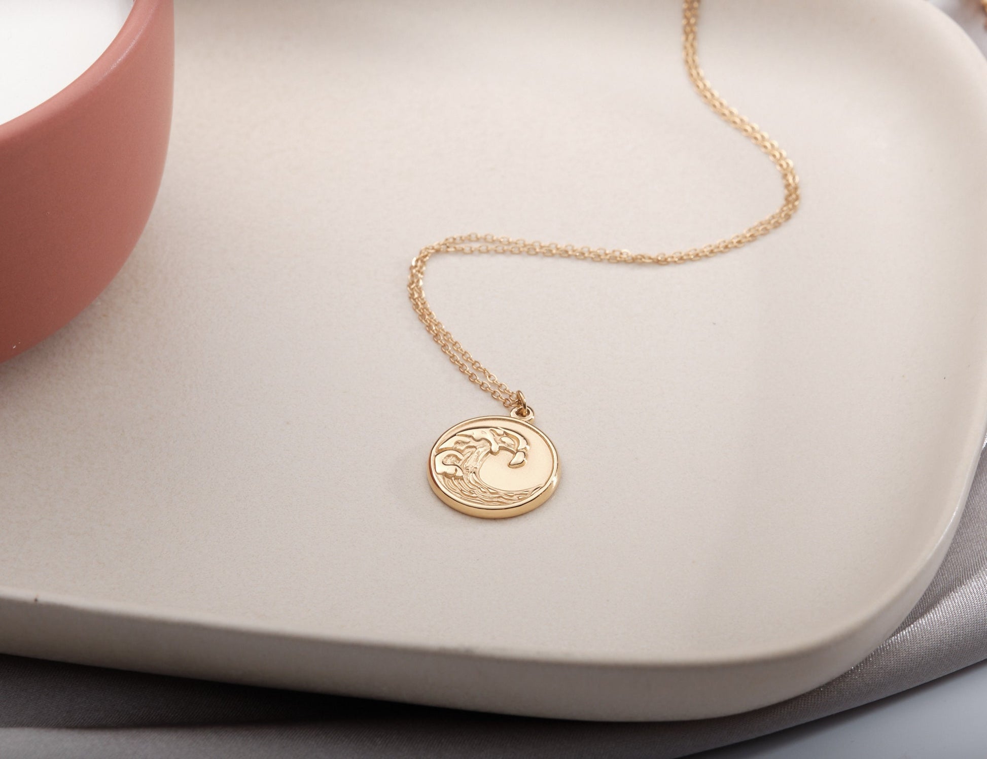 Gold Wave Necklace For Women Coin Wave Jewelry Ocean Wave Pendant