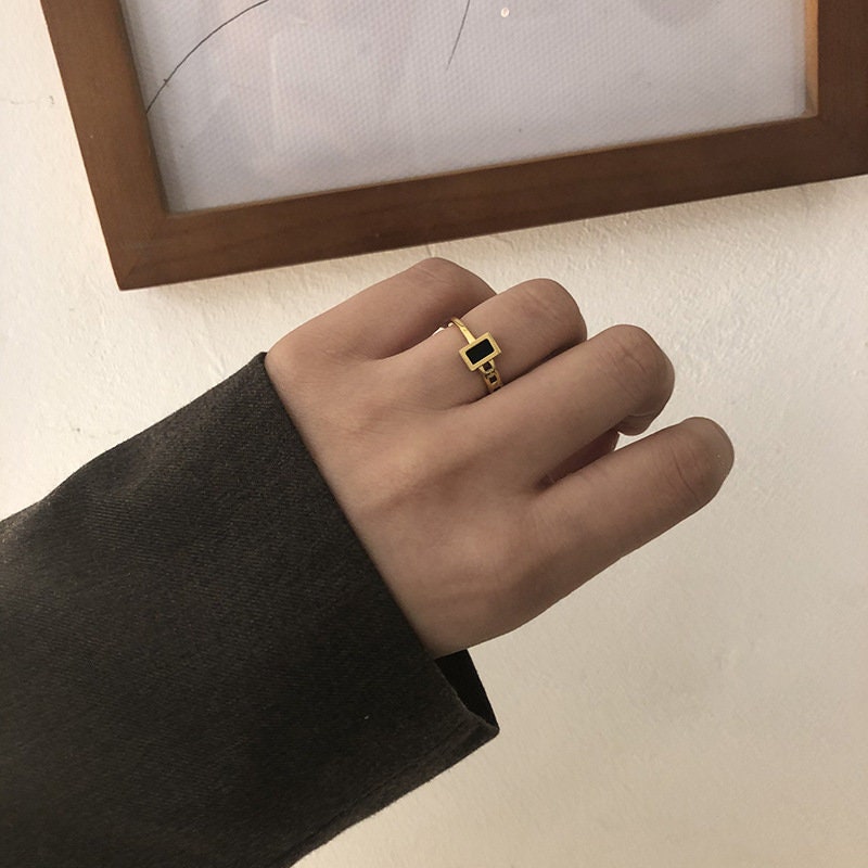 18K Gold Chain Ring, Black Enamel Ring, Square Gold Signet Rings, Gold Cuban Chain Ring for Women, Wide Gold Ring, Square Stacking Ring