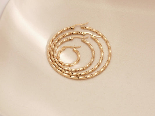 Gold Twisted Hoops, Gold Earrings, Gold Twisted Earrings, Gold Hoop Earrings, Small Hoops, Large Hoops, WATERPROOF, Gold Medium Hoops, Gift