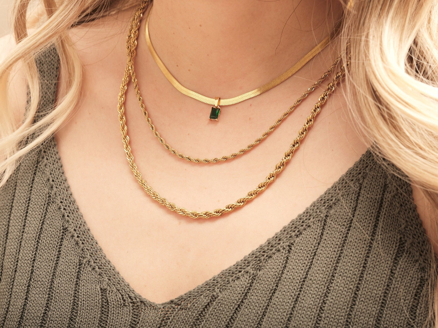 18K Gold Herringbone Chain Necklace Gemstone Necklace, CZ Choker Necklace, Crystal Zircon Pendant, Snake Chain Necklace Waterproof Jewelry