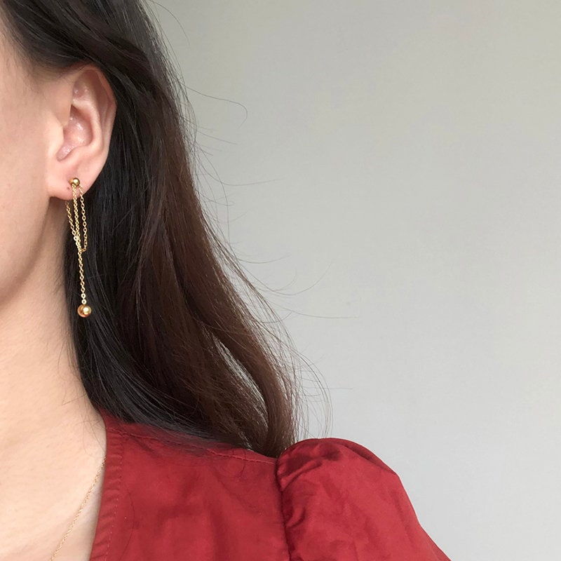Gold Chain Earrings, Long Dangle Chain Earrings, Gold Long Chain Earrings, Streetwear Earrings, Gold Dangle Bead Earrings WATERPROOF