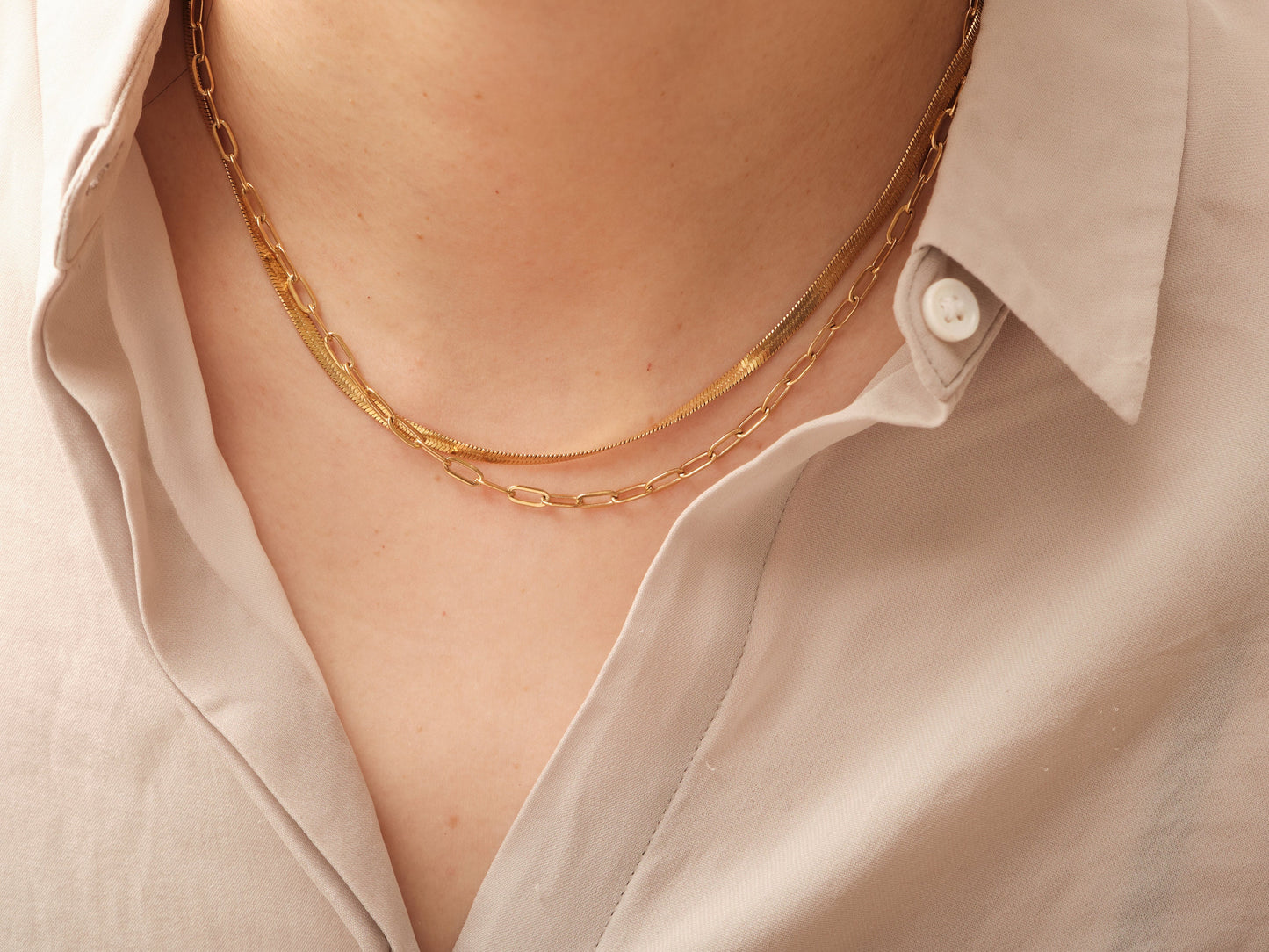 Double Layer Necklace, Herringbone Necklace, Paperclip Chain necklace, Snake Chain Necklace, Layered necklace, layering necklace, waterproof