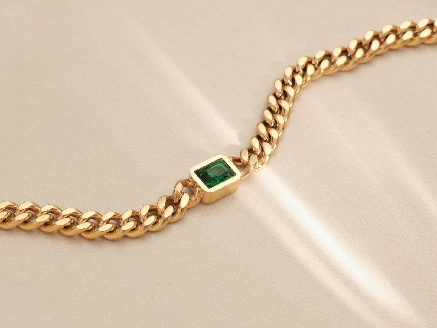 18K Gold Cuban Chain Bracelet, Emerald Bracelet, Square CZ Bracelet, Gold Chain Bracelet, WATERPROOF, White CZ Bracelet, Cuban Chain Gold
