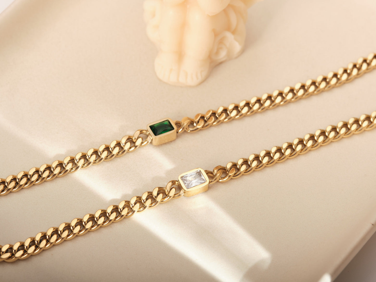 18K Gold Cuban Chain Bracelet, Emerald Bracelet, Square CZ Bracelet, Gold Chain Bracelet, WATERPROOF, White CZ Bracelet, Cuban Chain Gold