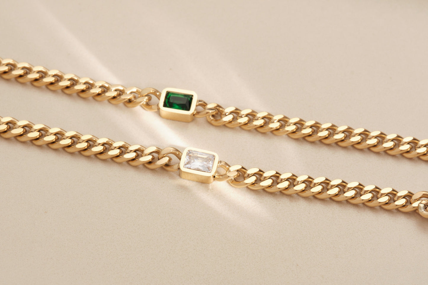18K Gold Cuban Chain Bracelet, Emerald Bracelet, Square CZ Bracelet, Gold Chain Bracelet, WATERPROOF, White CZ Bracelet, Cuban Chain Gold
